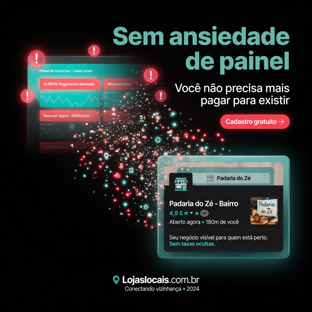 Painel de anúncios se desfazendo — sem ansiedade de painel no LojasLocais